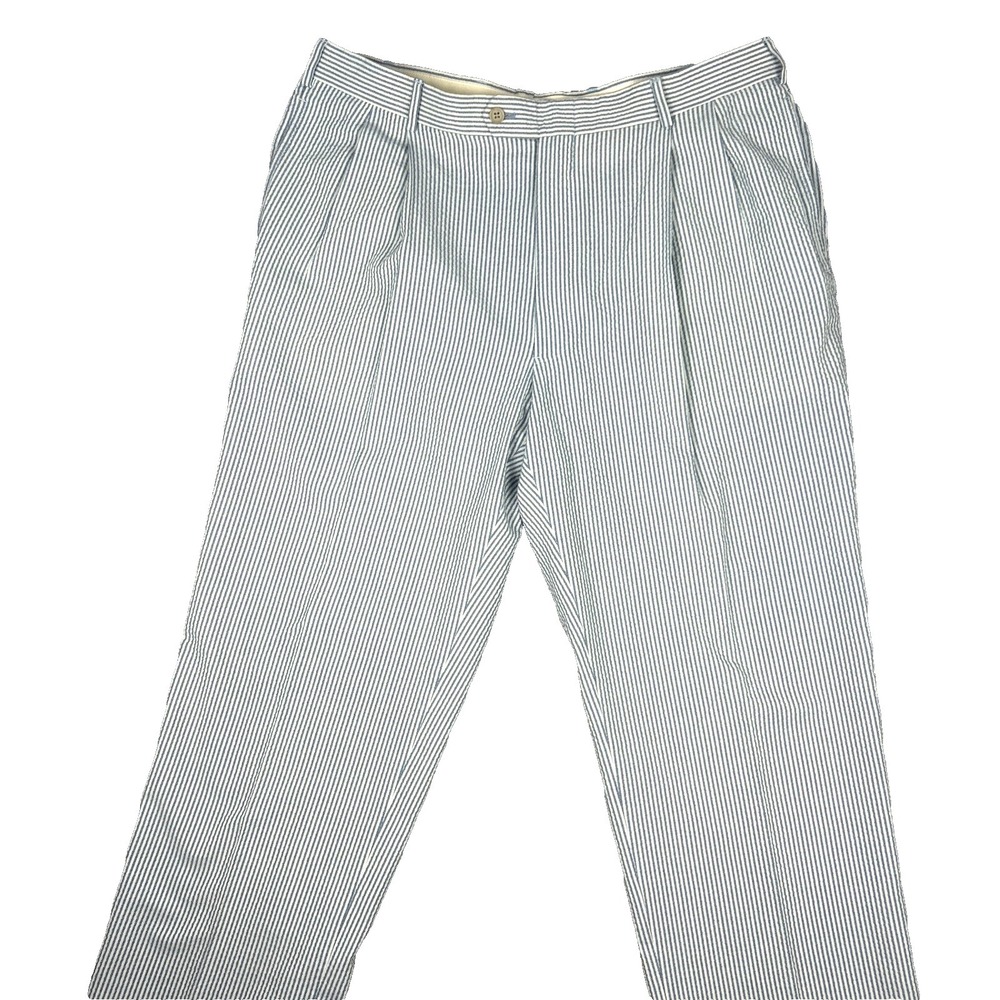 Seersucker Pants Mens 38x32 Blue White Striped Pleated Preppy by Jos A Bank